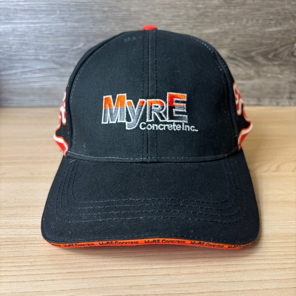 MYRE Concrete Inc Hat Cap Strap Back Black Orange Flames